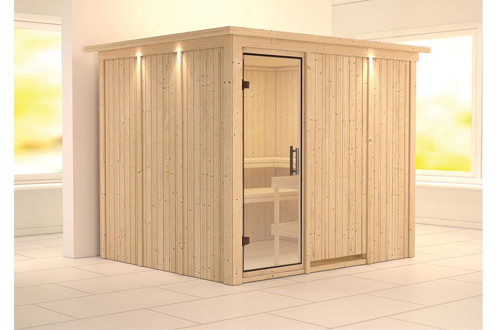 KARIBU Systemsauna Gobin, Fichtenholz 68mm, Fronteinstieg, ca. 4,5m²