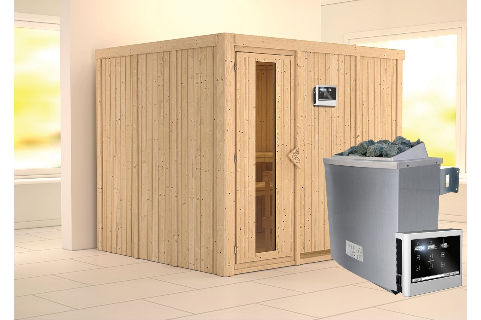 KARIBU Systemsauna Gobin, Fichtenholz 68mm, Fronteinstieg, ca. 4,5m²