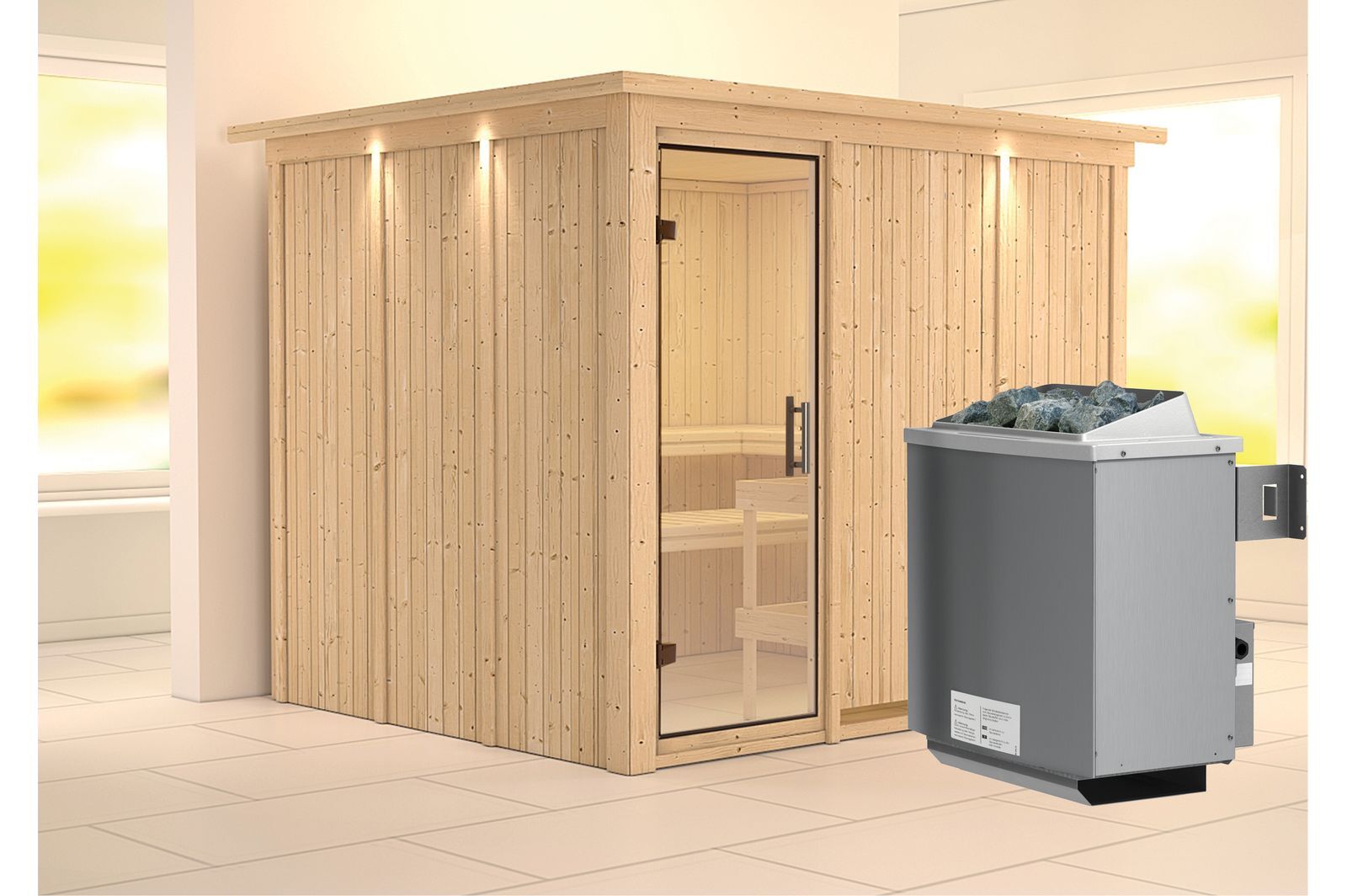 KARIBU Systemsauna Gobin, Fichtenholz 68mm, Fronteinstieg, ca. 4,5m²