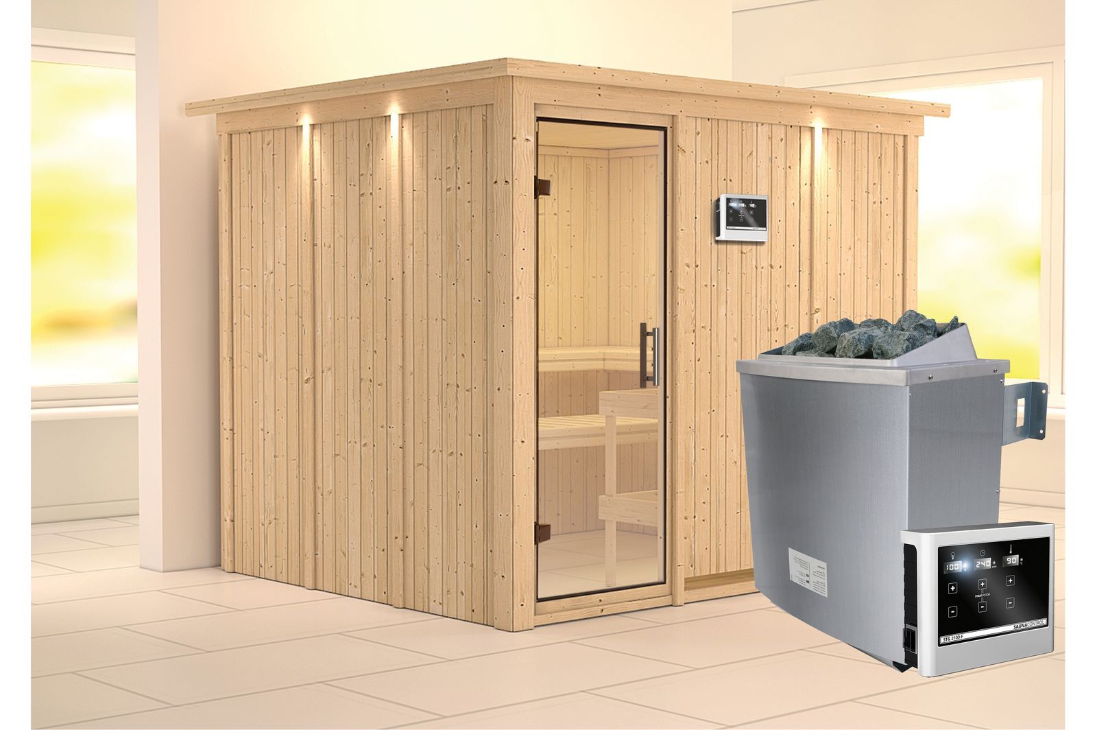 KARIBU Systemsauna Gobin, Fichtenholz 68mm, Fronteinstieg, ca. 4,5m²