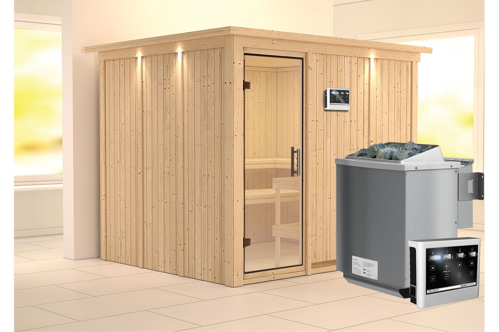 KARIBU Systemsauna Gobin, Fichtenholz 68mm, Fronteinstieg, ca. 4,5m²