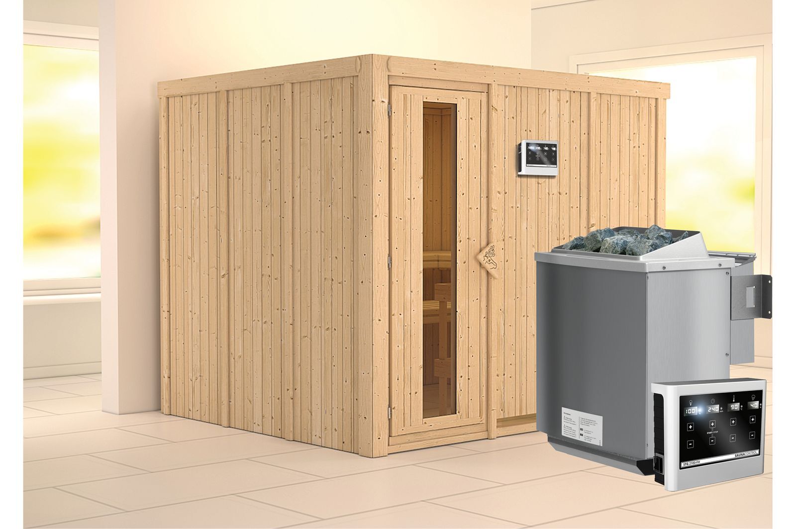 KARIBU Systemsauna Gobin, Fichtenholz 68mm, Fronteinstieg, ca. 4,5m²