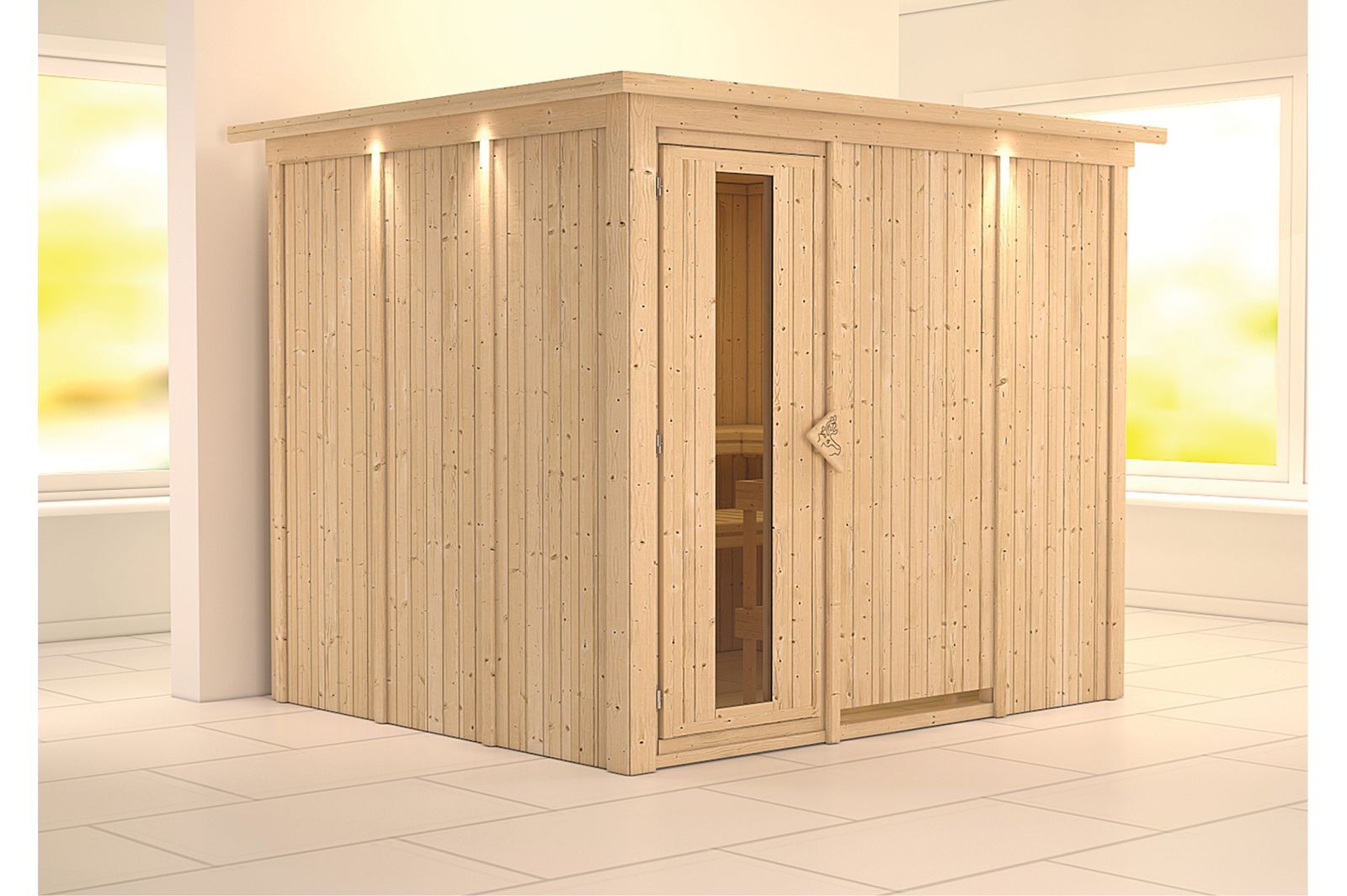 KARIBU Systemsauna Gobin, Fichtenholz 68mm, Fronteinstieg, ca. 4,5m²