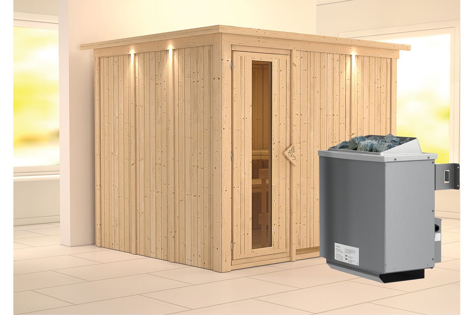 KARIBU Systemsauna Gobin, Fichtenholz 68mm, Fronteinstieg, ca. 4,5m²