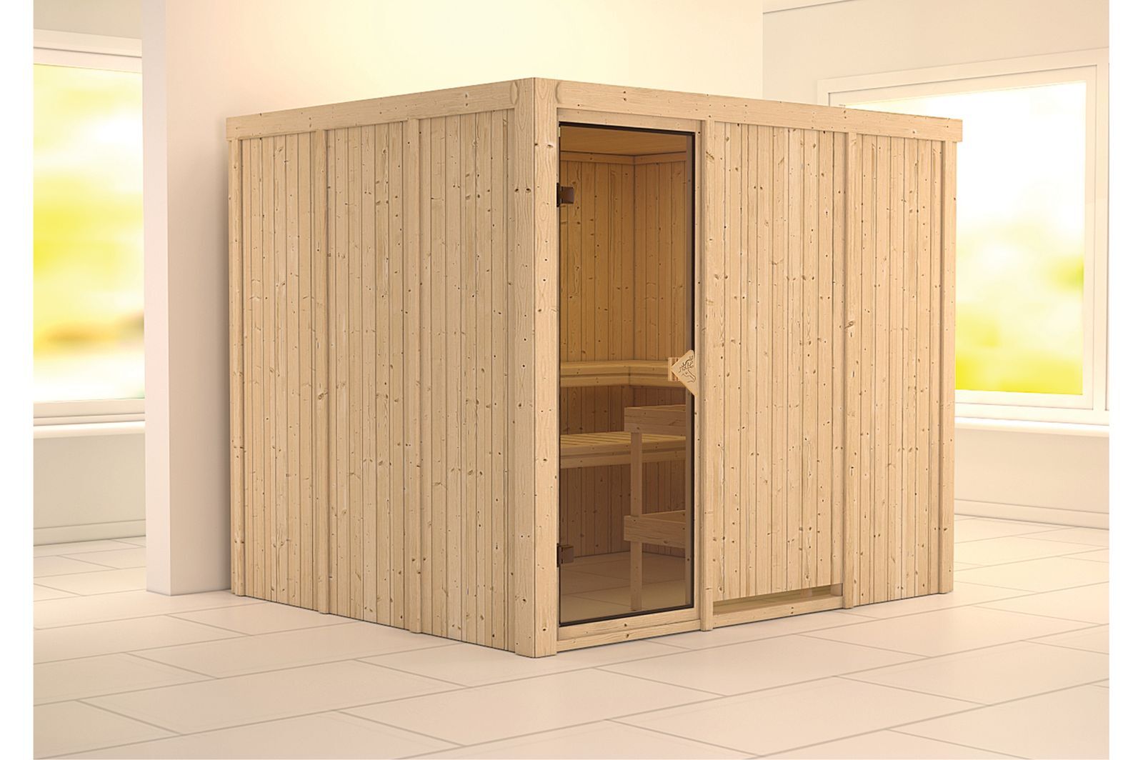 KARIBU Systemsauna Gobin, Fichtenholz 68mm, Fronteinstieg, ca. 4,5m²