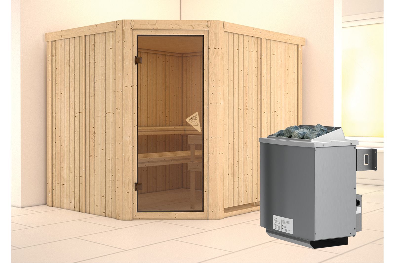 KARIBU Systemsauna Malin, Fichtenholz 68mm, Eckeinstieg, ca. 4,2m²