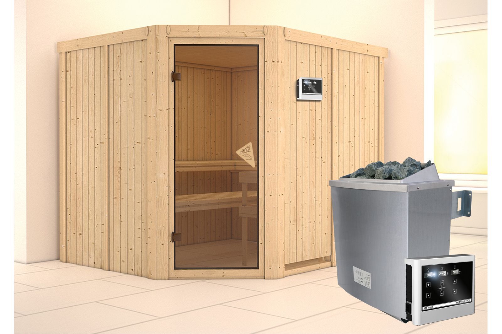 KARIBU Systemsauna Malin, Fichtenholz 68mm, Eckeinstieg, ca. 4,2m²