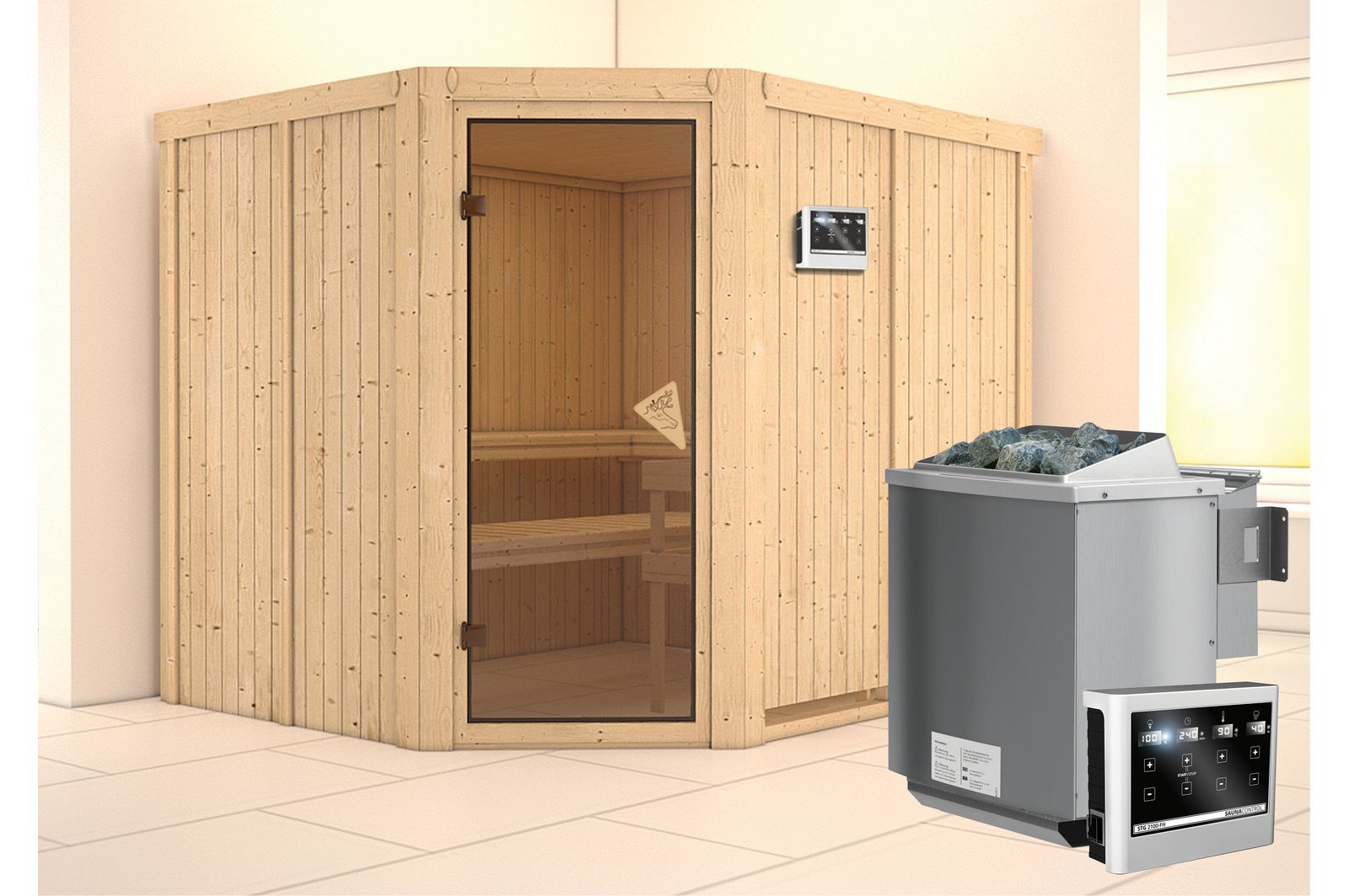 KARIBU Systemsauna Malin, Fichtenholz 68mm, Eckeinstieg, ca. 4,2m²