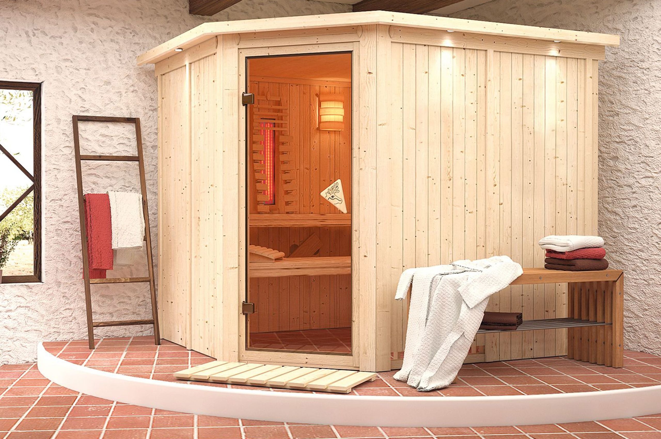 KARIBU Systemsauna Malin, Fichtenholz 68mm, Eckeinstieg, ca. 4,2m²