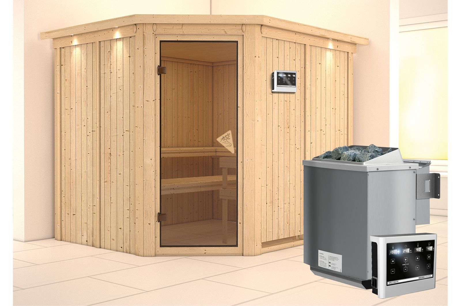 KARIBU Systemsauna Malin, Fichtenholz 68mm, Eckeinstieg, ca. 4,2m²