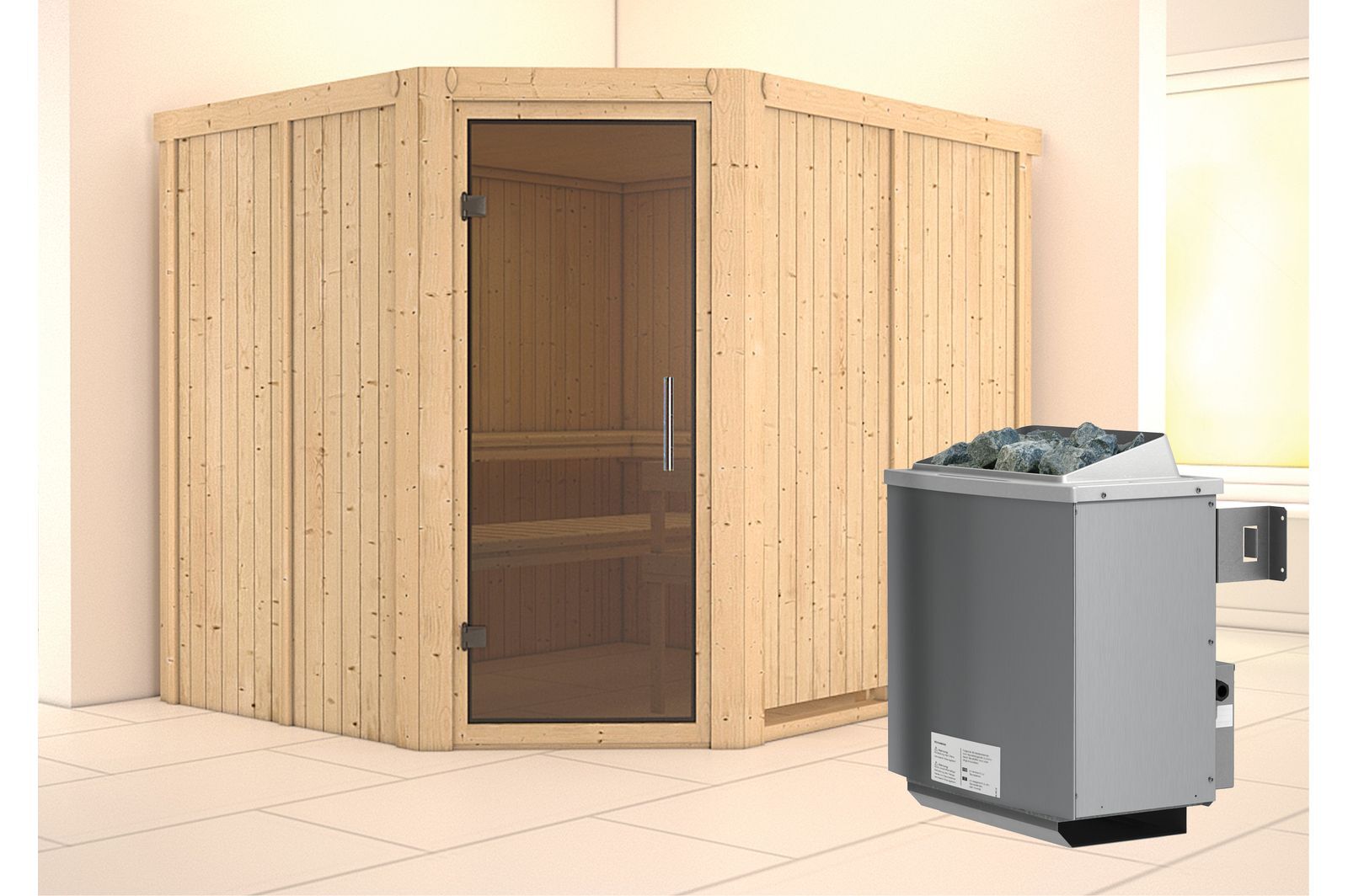 KARIBU Systemsauna Malin, Fichtenholz 68mm, Eckeinstieg, ca. 4,2m²