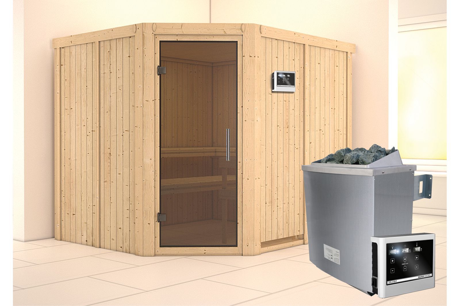 KARIBU Systemsauna Malin, Fichtenholz 68mm, Eckeinstieg, ca. 4,2m²