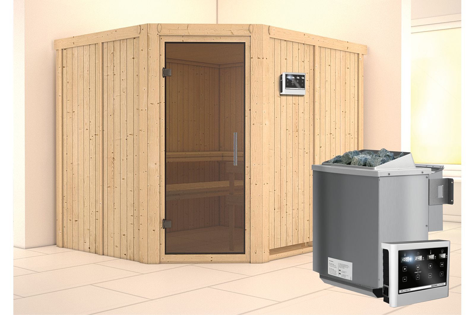 KARIBU Systemsauna Malin, Fichtenholz 68mm, Eckeinstieg, ca. 4,2m²