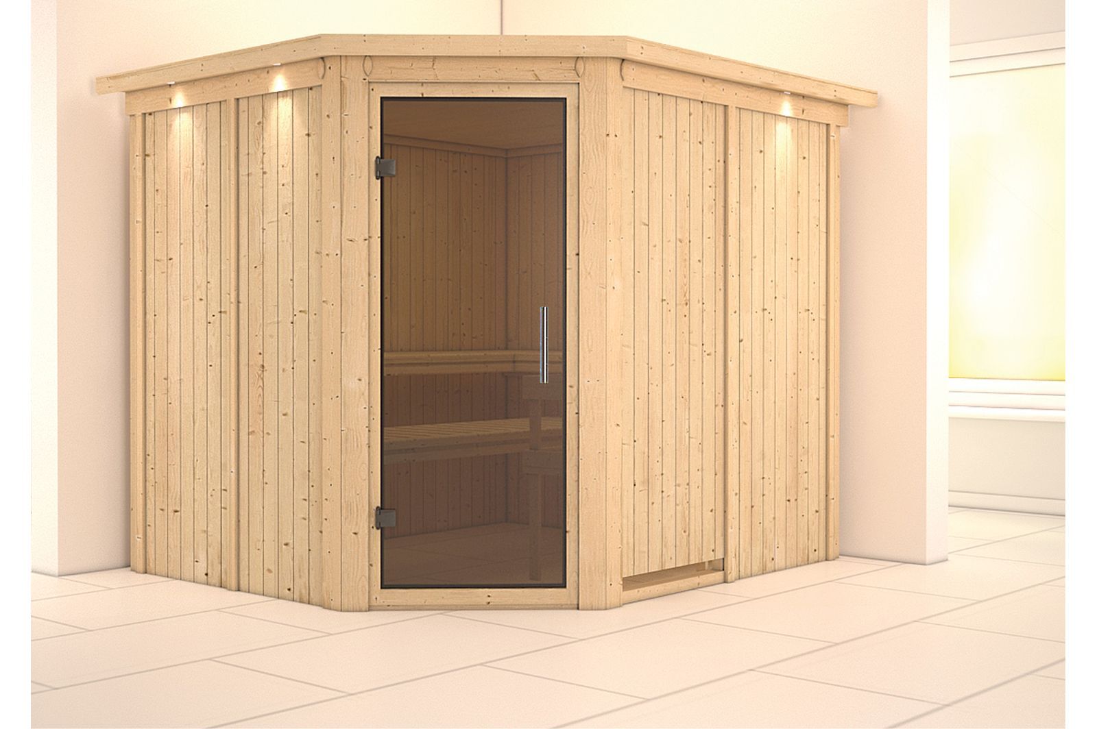 KARIBU Systemsauna Malin, Fichtenholz 68mm, Eckeinstieg, ca. 4,2m²