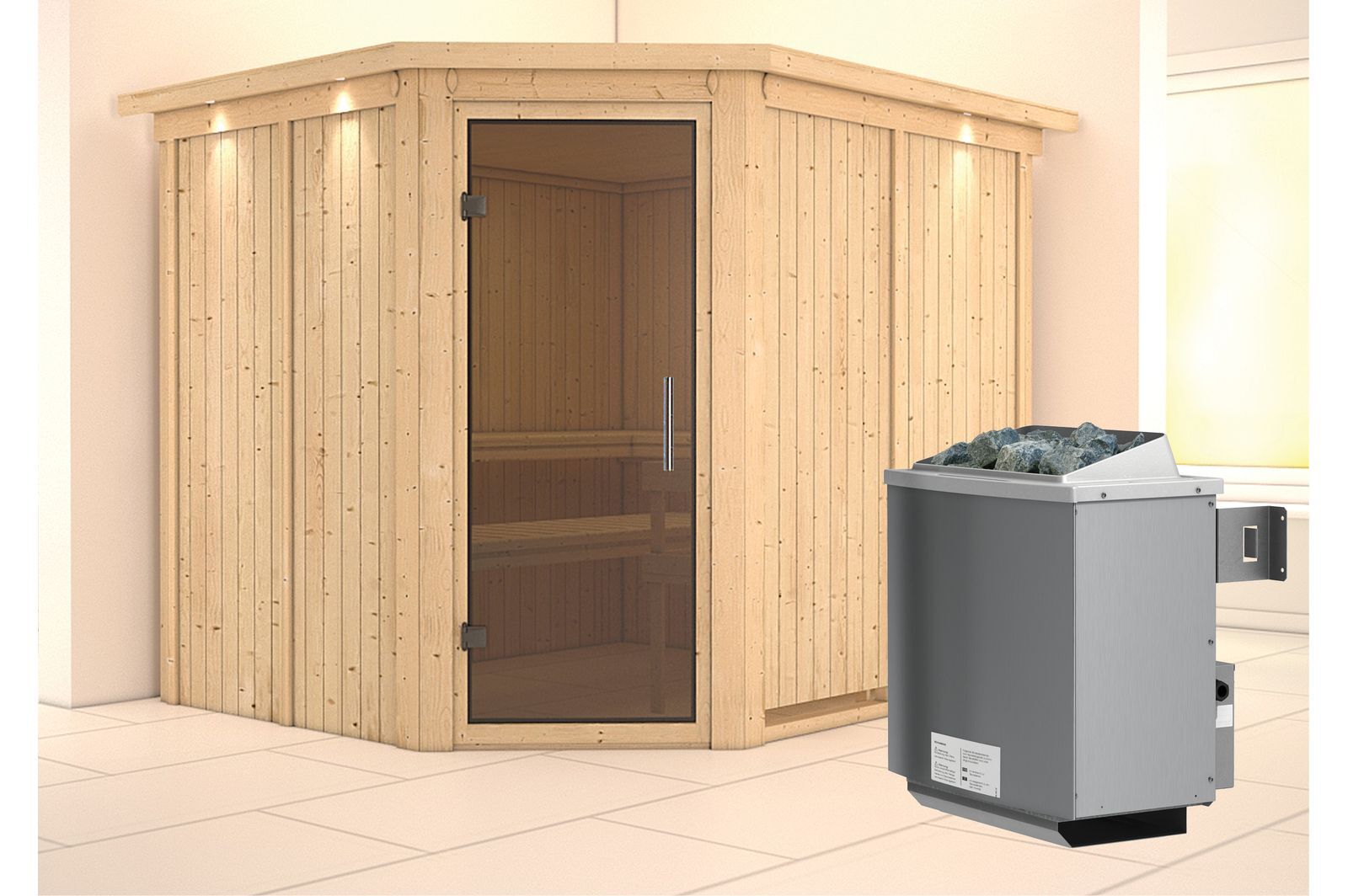 KARIBU Systemsauna Malin, Fichtenholz 68mm, Eckeinstieg, ca. 4,2m²