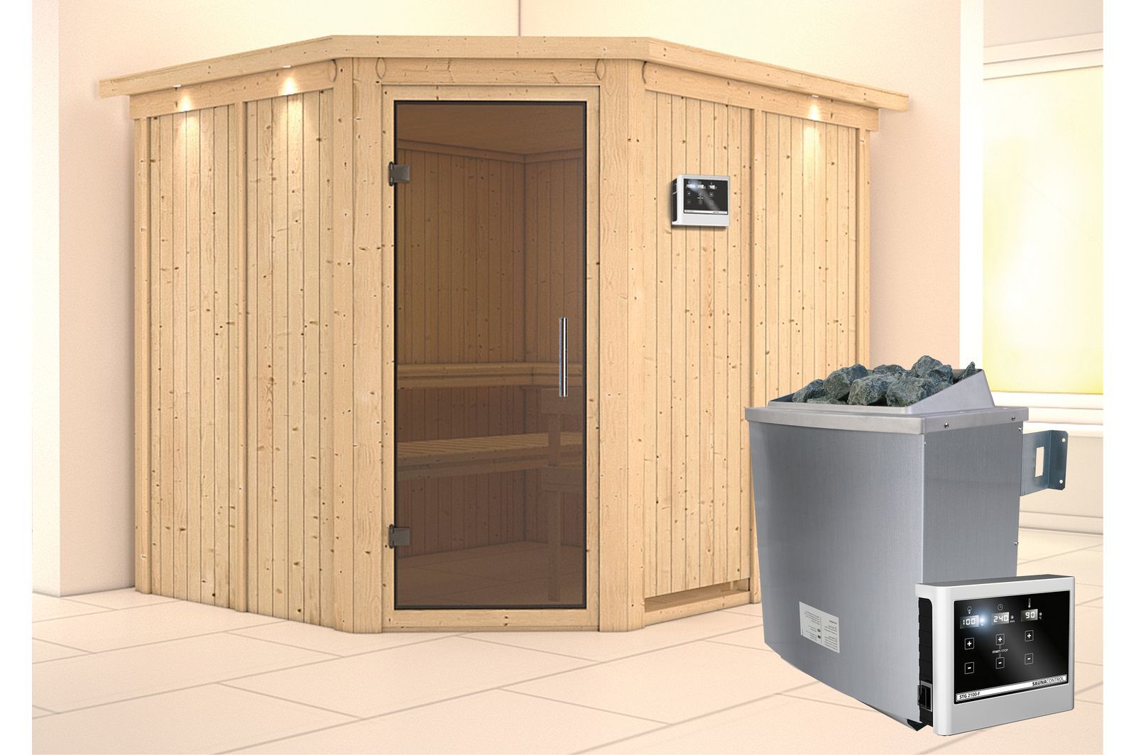 KARIBU Systemsauna Malin, Fichtenholz 68mm, Eckeinstieg, ca. 4,2m²