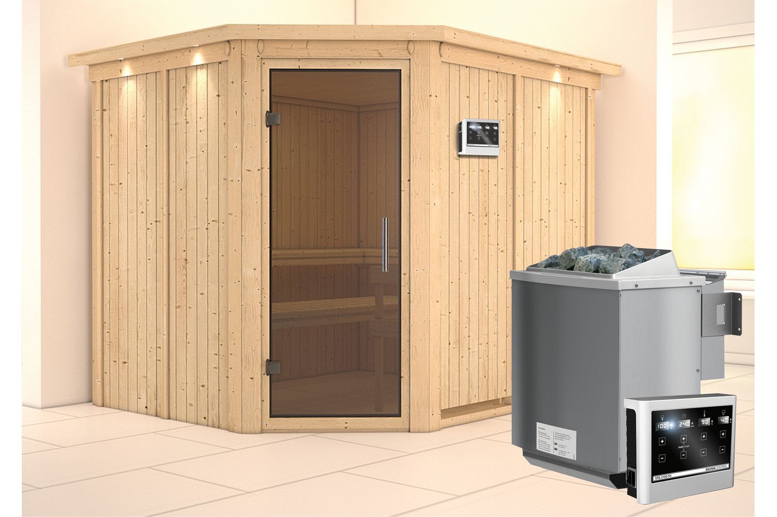 KARIBU Systemsauna Malin, Fichtenholz 68mm, Eckeinstieg, ca. 4,2m²