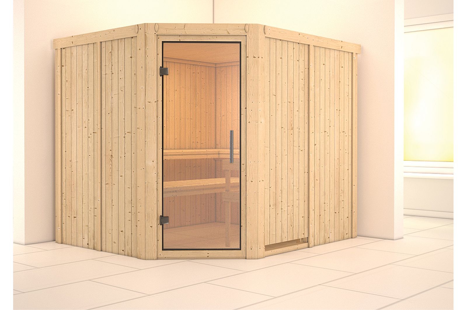 KARIBU Systemsauna Malin, Fichtenholz 68mm, Eckeinstieg, ca. 4,2m²