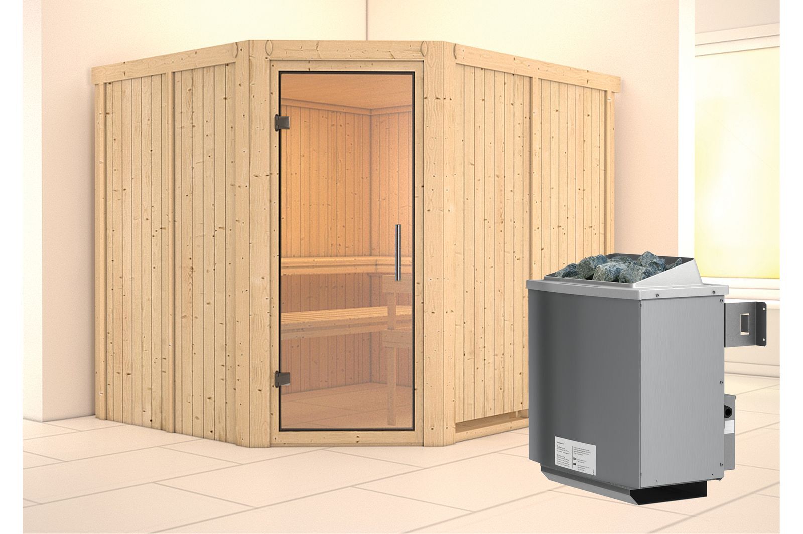 KARIBU Systemsauna Malin, Fichtenholz 68mm, Eckeinstieg, ca. 4,2m²