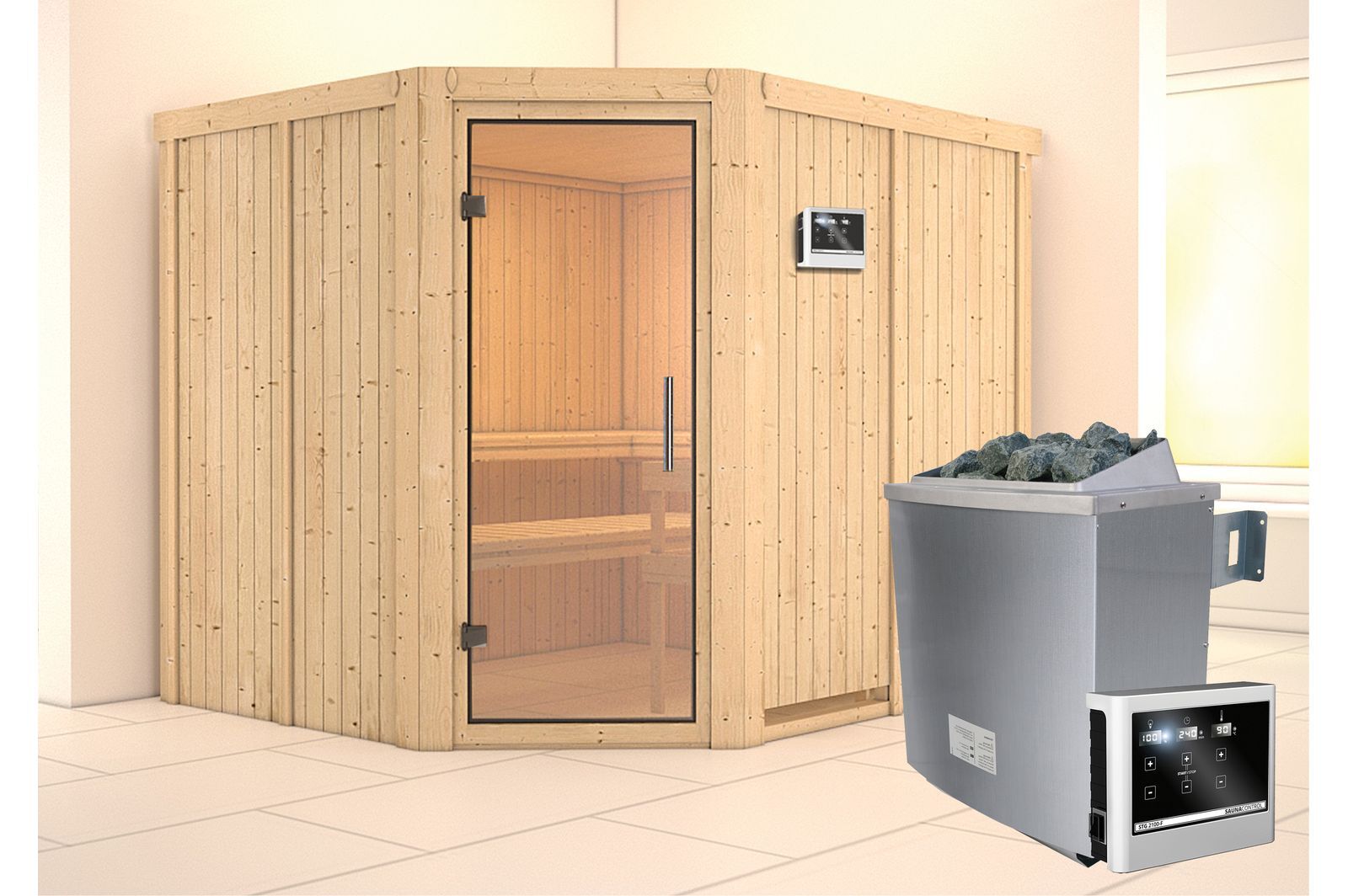 KARIBU Systemsauna Malin, Fichtenholz 68mm, Eckeinstieg, ca. 4,2m²