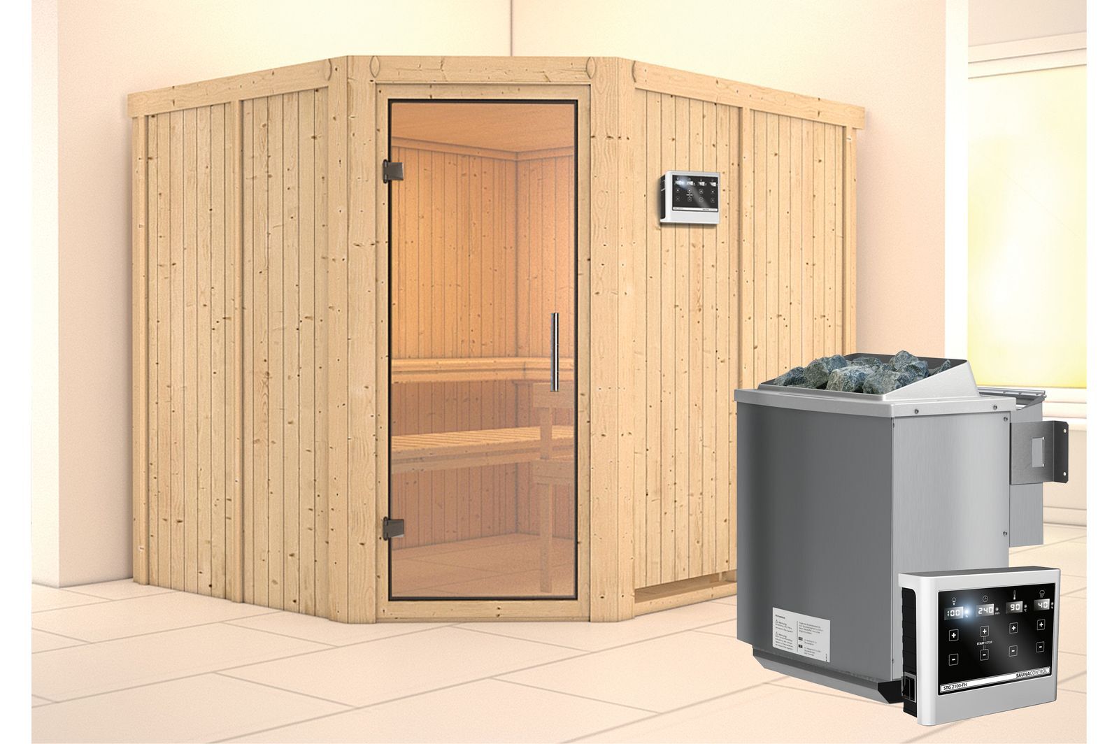 KARIBU Systemsauna Malin, Fichtenholz 68mm, Eckeinstieg, ca. 4,2m²