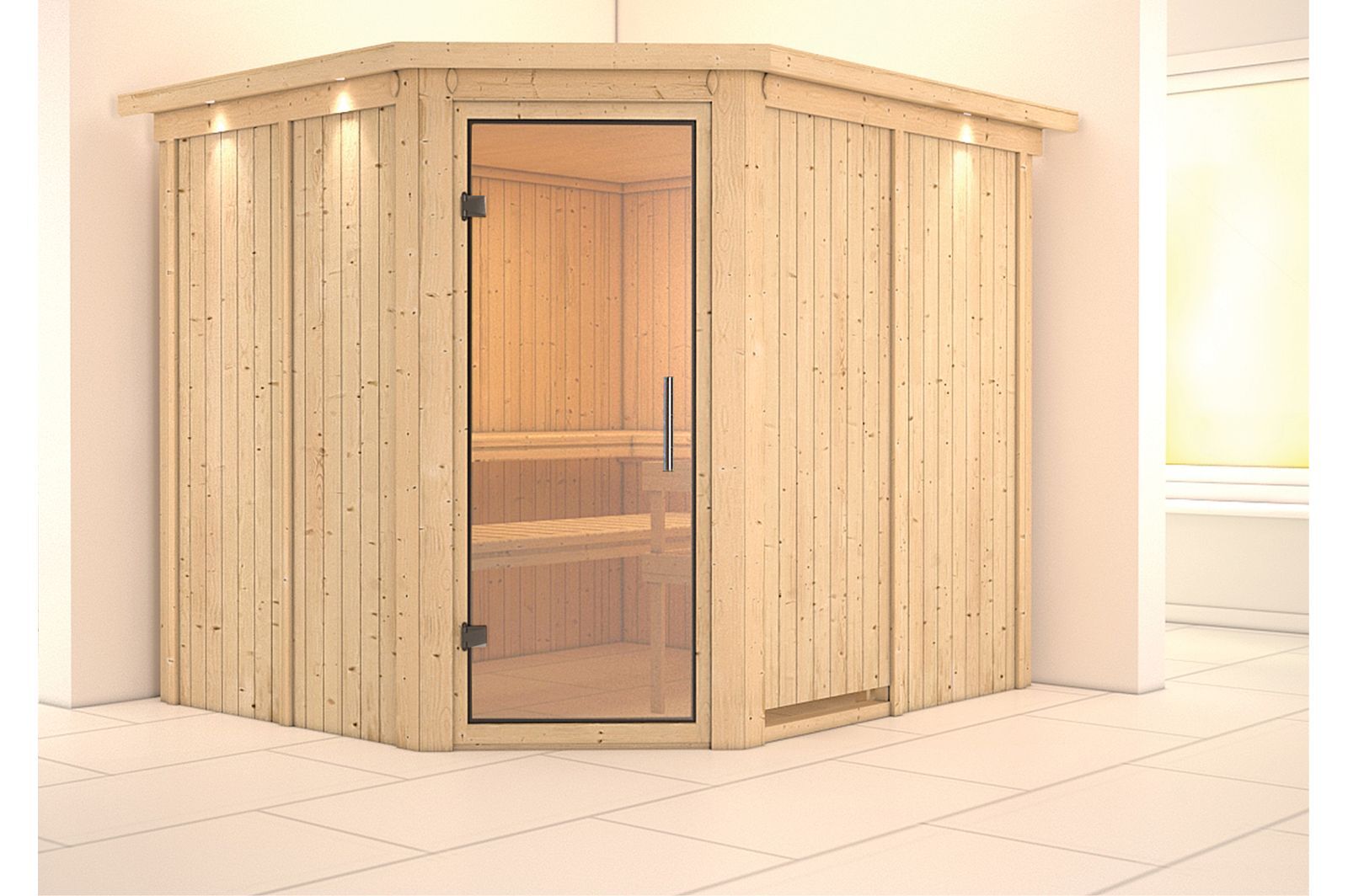 KARIBU Systemsauna Malin, Fichtenholz 68mm, Eckeinstieg, ca. 4,2m²