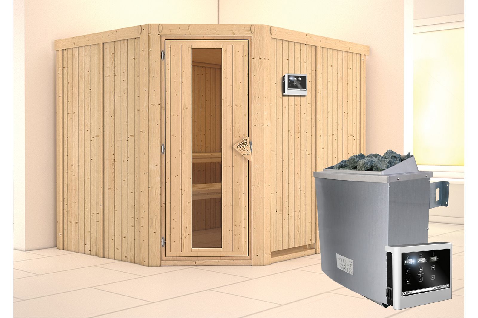 KARIBU Systemsauna Malin, Fichtenholz 68mm, Eckeinstieg, ca. 4,2m²