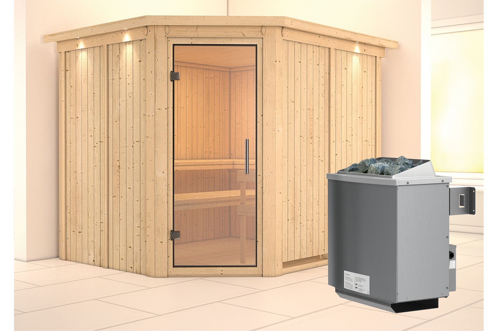 KARIBU Systemsauna Malin, Fichtenholz 68mm, Eckeinstieg, ca. 4,2m²