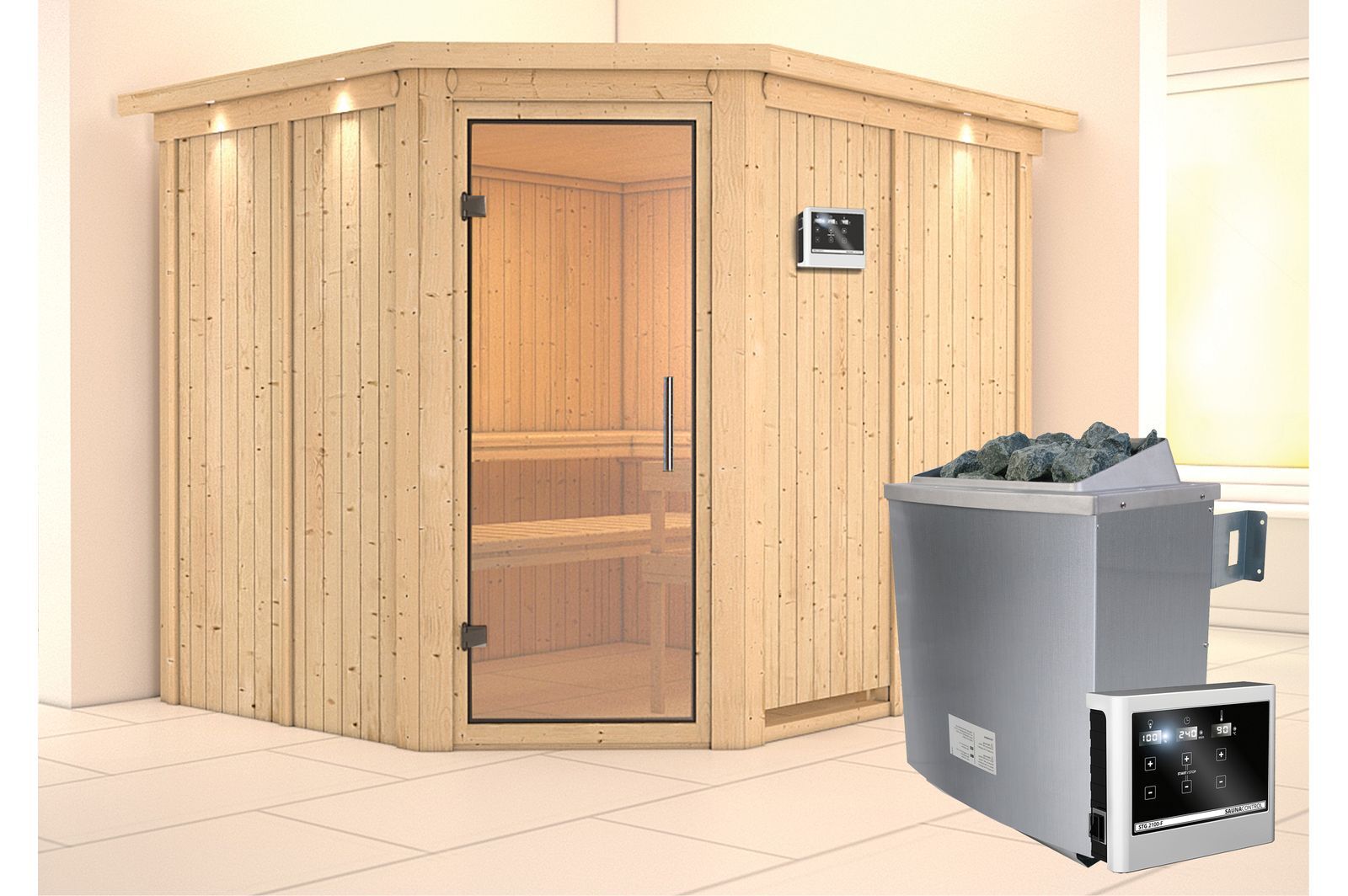 KARIBU Systemsauna Malin, Fichtenholz 68mm, Eckeinstieg, ca. 4,2m²