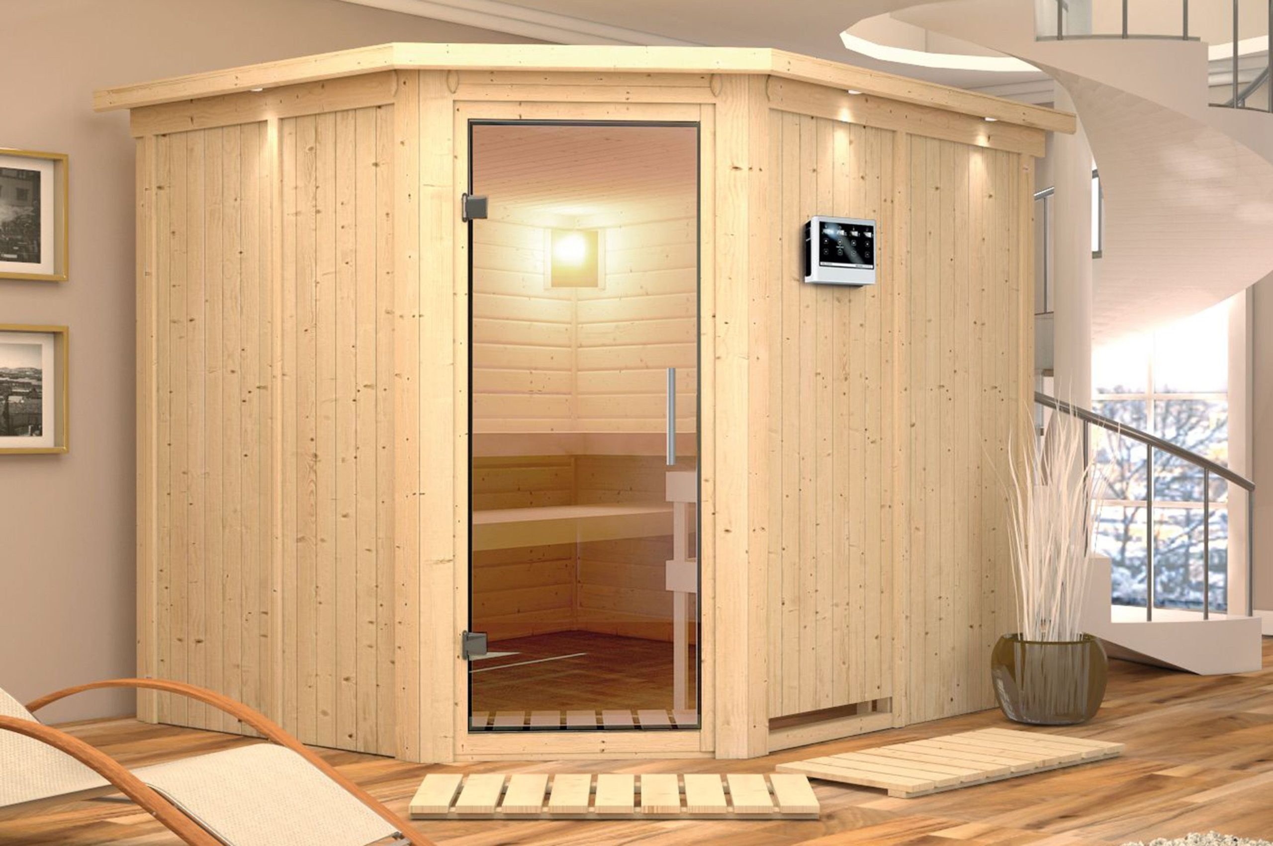 KARIBU Systemsauna Malin, Fichtenholz 68mm, Eckeinstieg, ca. 4,2m²