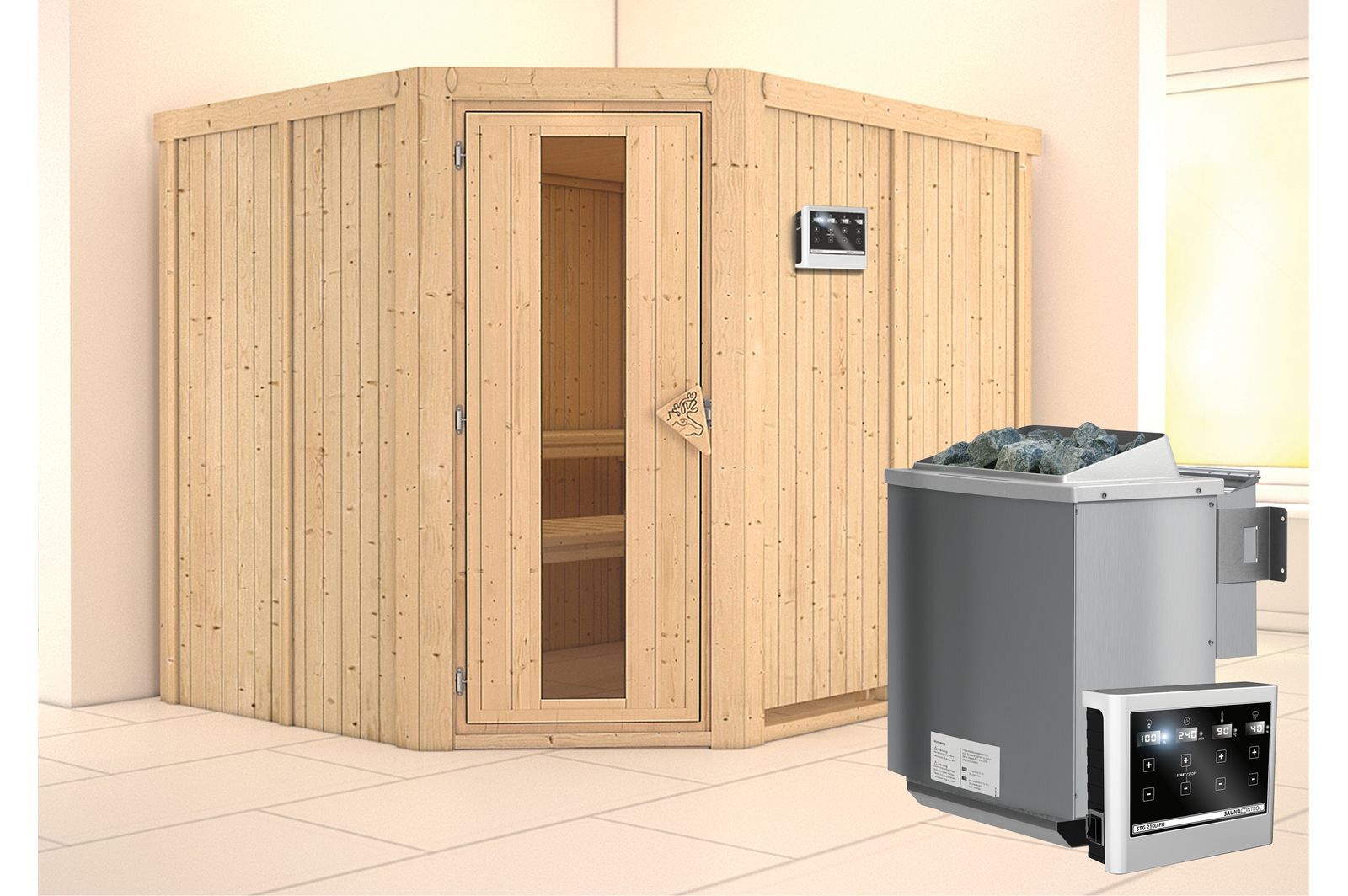 KARIBU Systemsauna Malin, Fichtenholz 68mm, Eckeinstieg, ca. 4,2m²