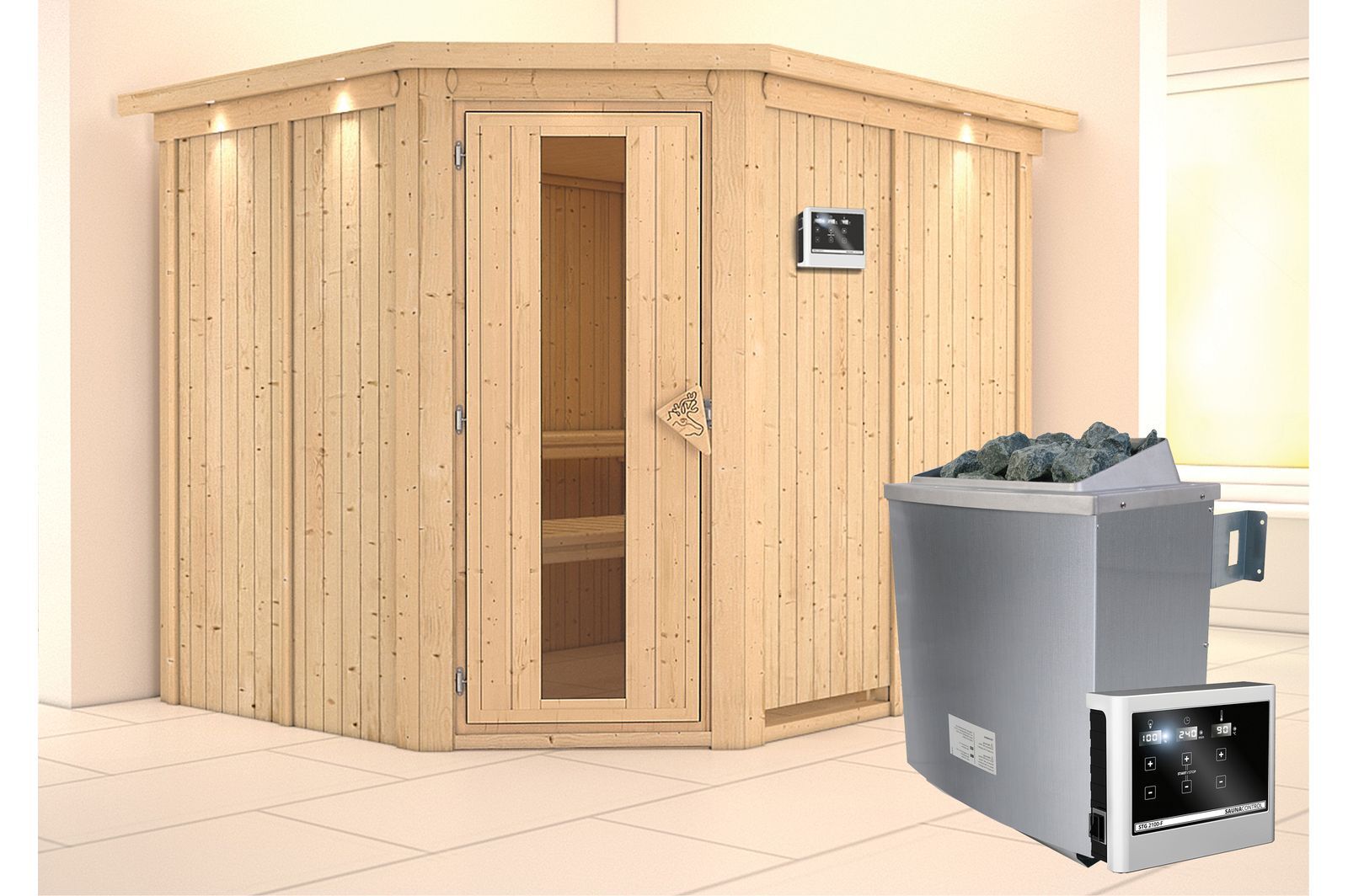 KARIBU Systemsauna Malin, Fichtenholz 68mm, Eckeinstieg, ca. 4,2m²