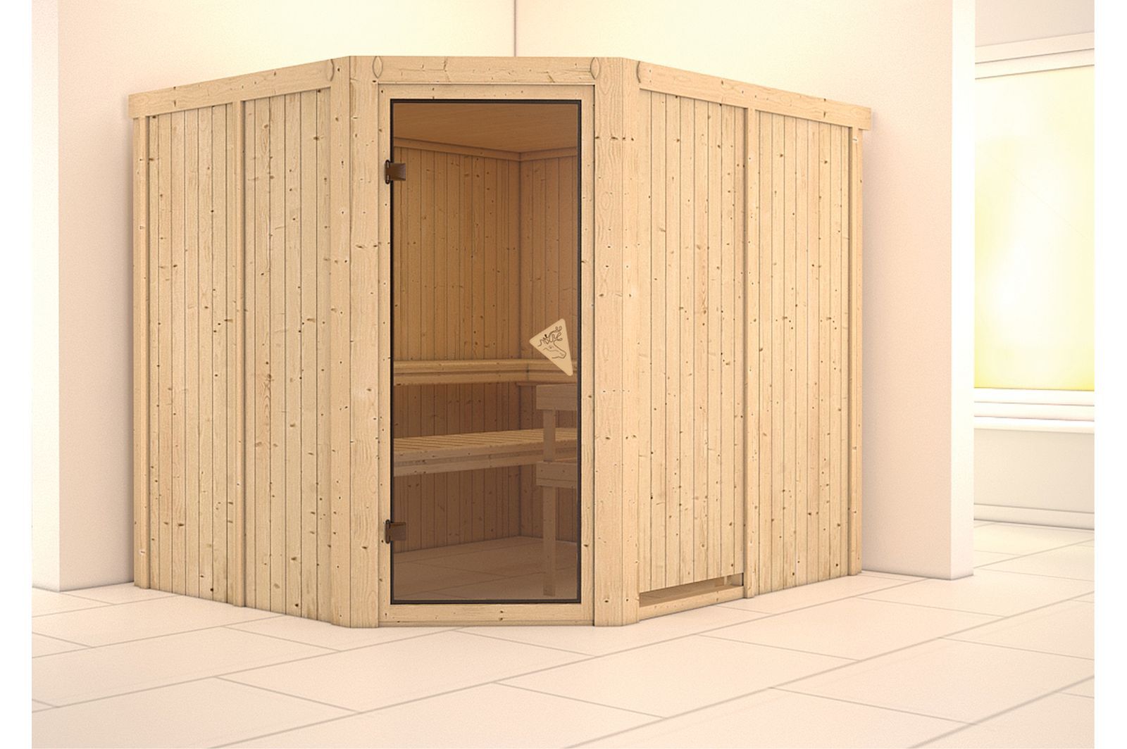 KARIBU Systemsauna Malin, Fichtenholz 68mm, Eckeinstieg, ca. 4,2m²