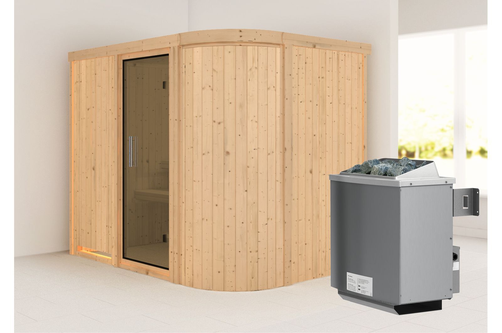 KARIBU Systemsauna Titania 4, Fichtenholz 68mm, Fronteinstieg, ca. 3,9m²