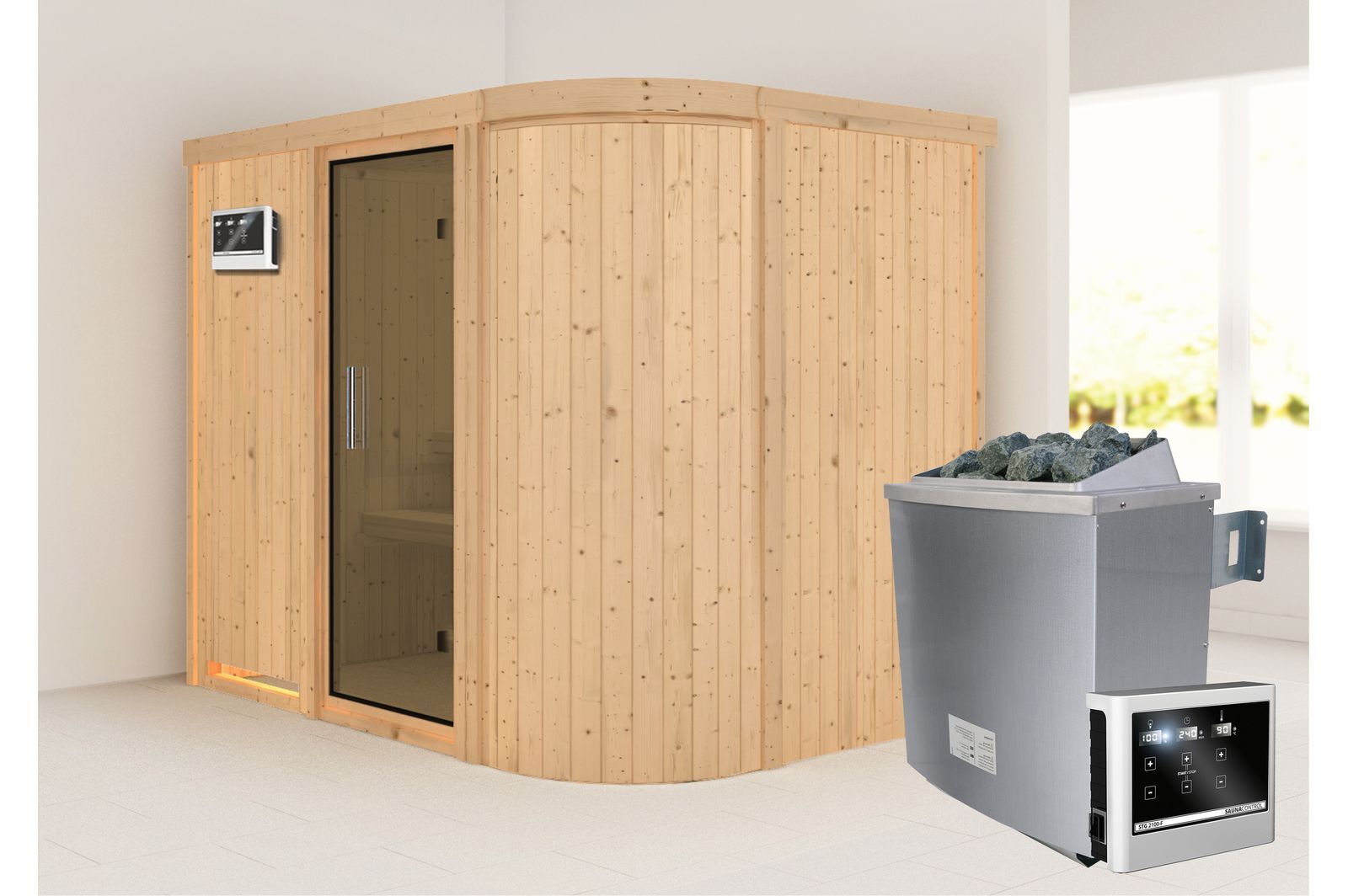 KARIBU Systemsauna Titania 4, Fichtenholz 68mm, Fronteinstieg, ca. 3,9m²