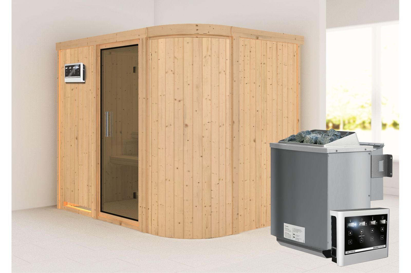 KARIBU Systemsauna Titania 4, Fichtenholz 68mm, Fronteinstieg, ca. 3,9m²