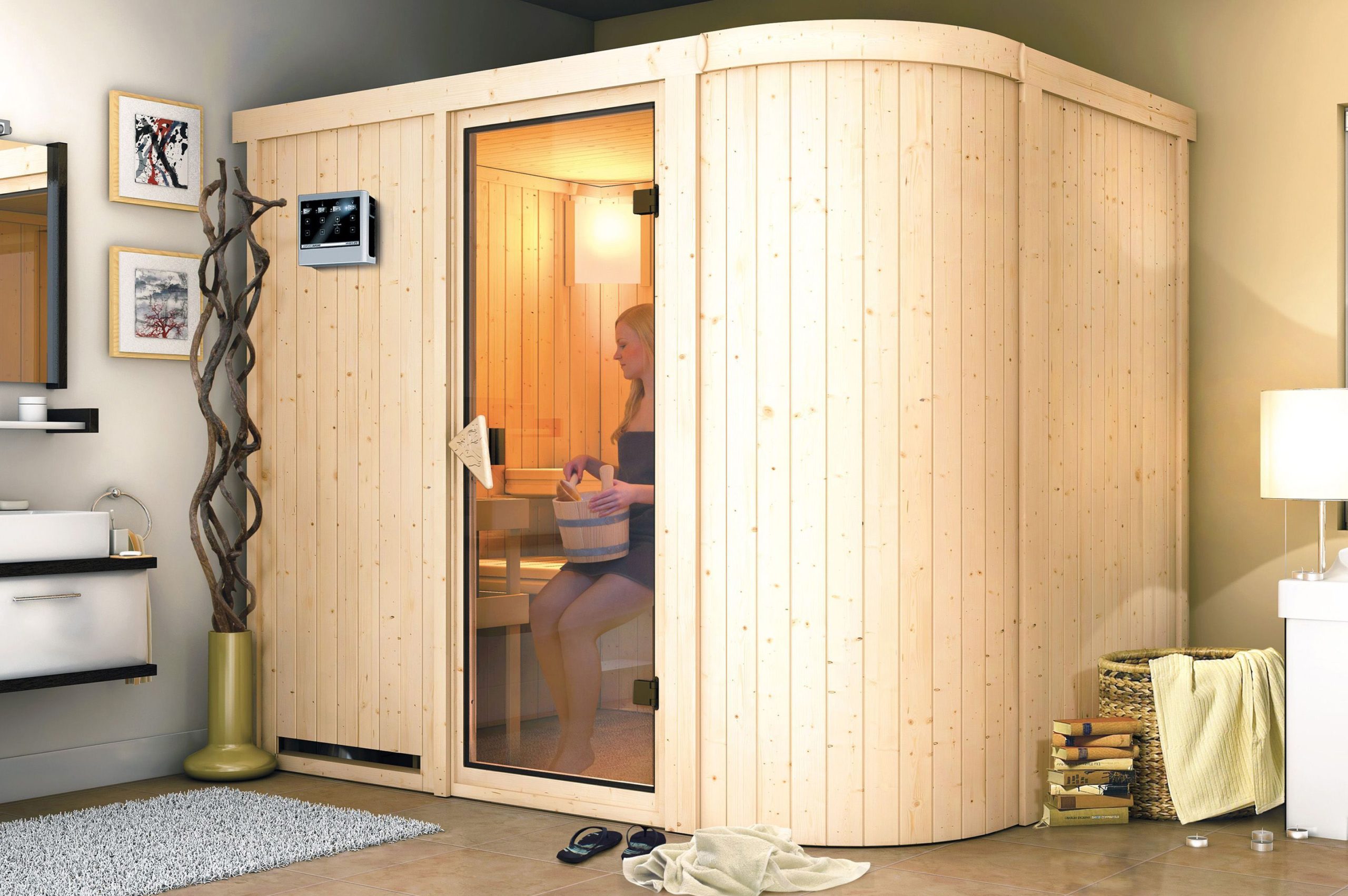 KARIBU Systemsauna Titania 4, Fichtenholz 68mm, Fronteinstieg, ca. 3,9m²