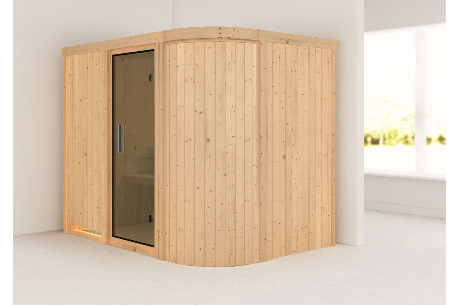 KARIBU Systemsauna Titania 4, Fichtenholz 68mm, Fronteinstieg, ca. 3,9m²