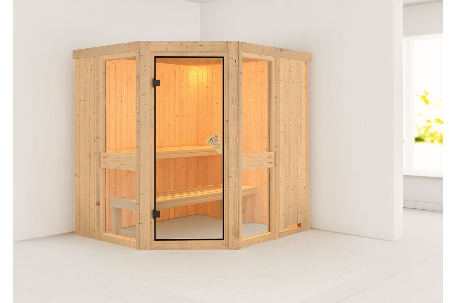 KARIBU Systemsauna Amelia 1, Fichtenholz 68mm, Eckeinstieg, ca. 3m²