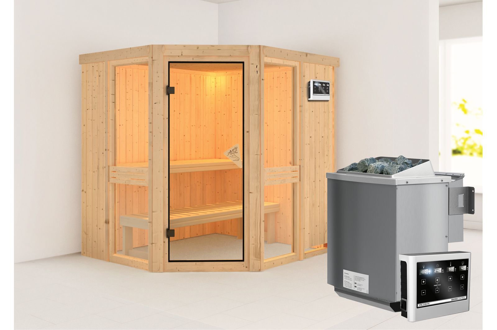 KARIBU Systemsauna Amelia 1, Fichtenholz 68mm, Eckeinstieg, ca. 3m²