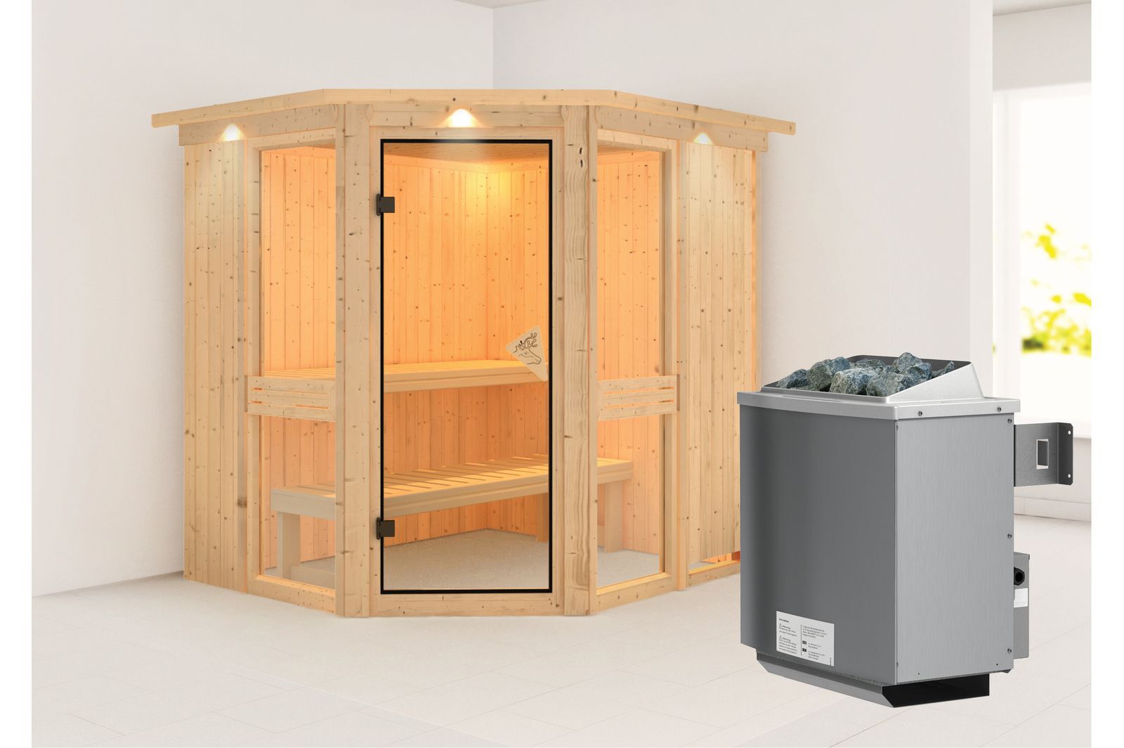 KARIBU Systemsauna Amelia 1, Fichtenholz 68mm, Eckeinstieg, ca. 3m²