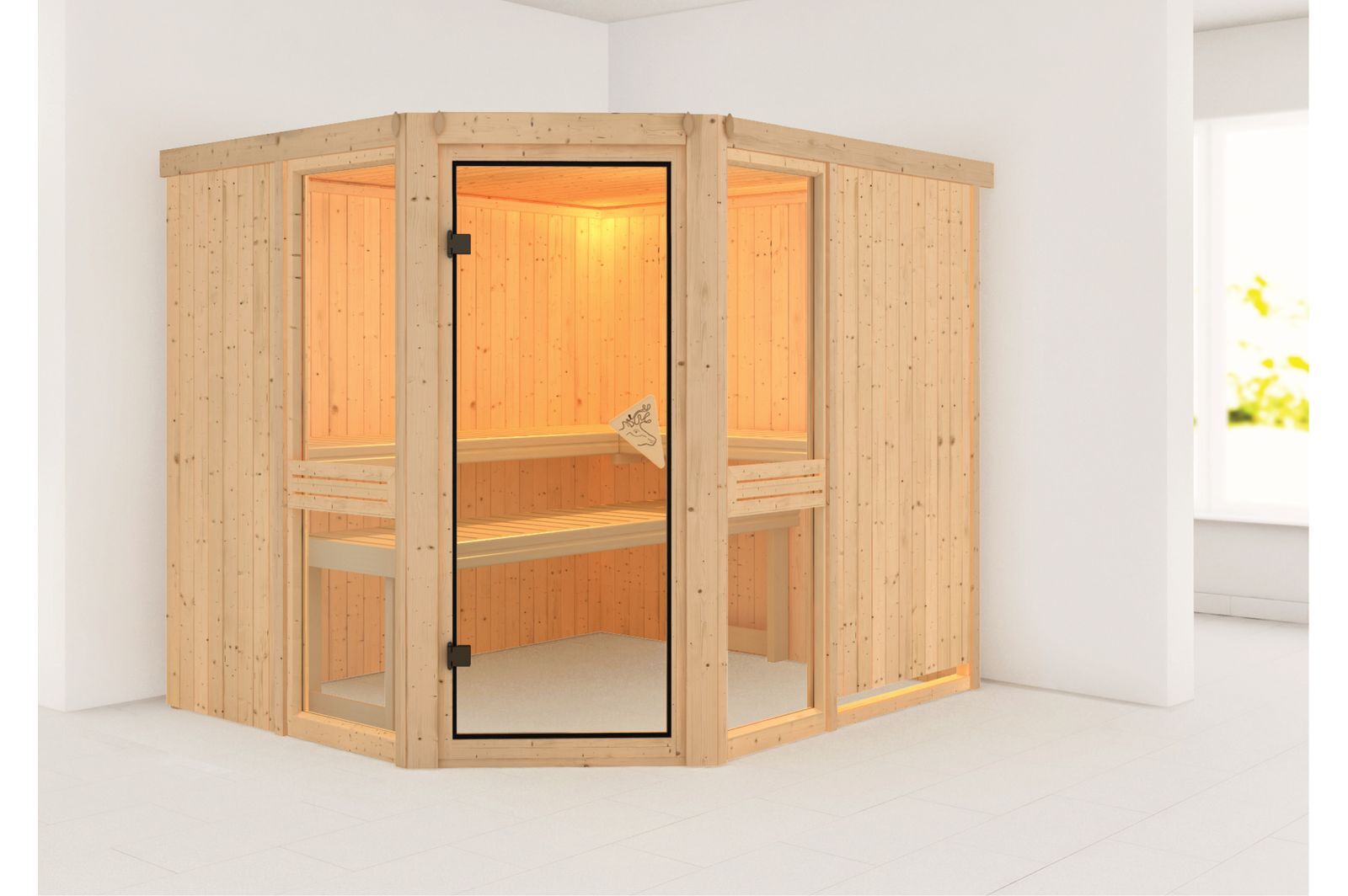 KARIBU Systemsauna Amelia 3, Fichtenholz 68mm, Eckeinstieg, ca. 4,2m²