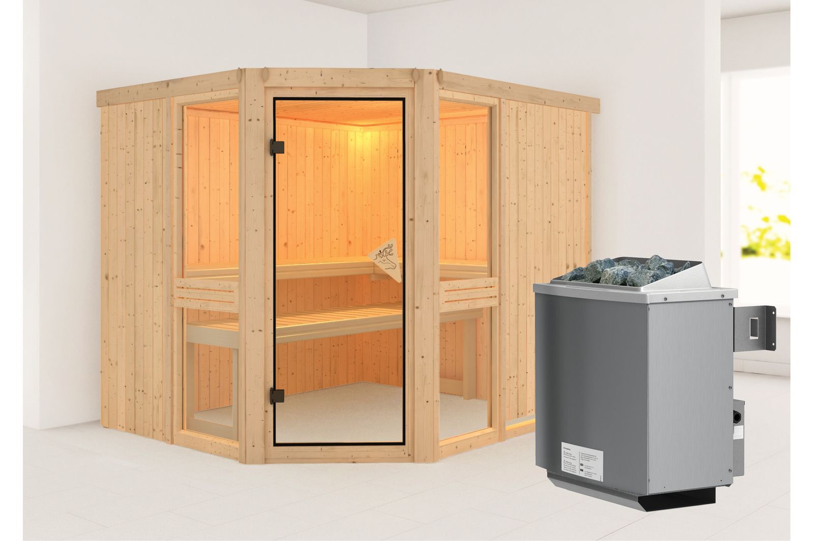 KARIBU Systemsauna Amelia 3, Fichtenholz 68mm, Eckeinstieg, ca. 4,2m²