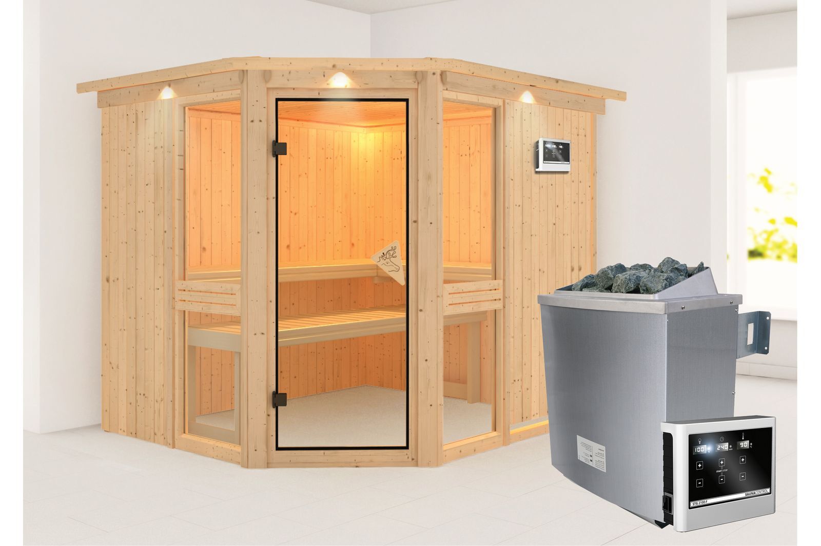 KARIBU Systemsauna Amelia 3, Fichtenholz 68mm, Eckeinstieg, ca. 4,2m²