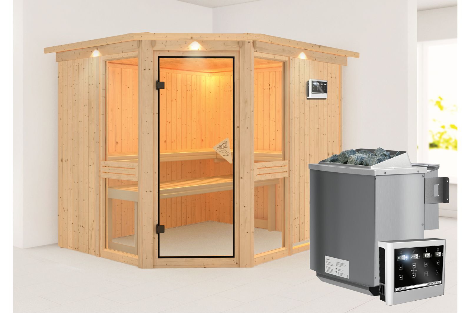 KARIBU Systemsauna Amelia 3, Fichtenholz 68mm, Eckeinstieg, ca. 4,2m²