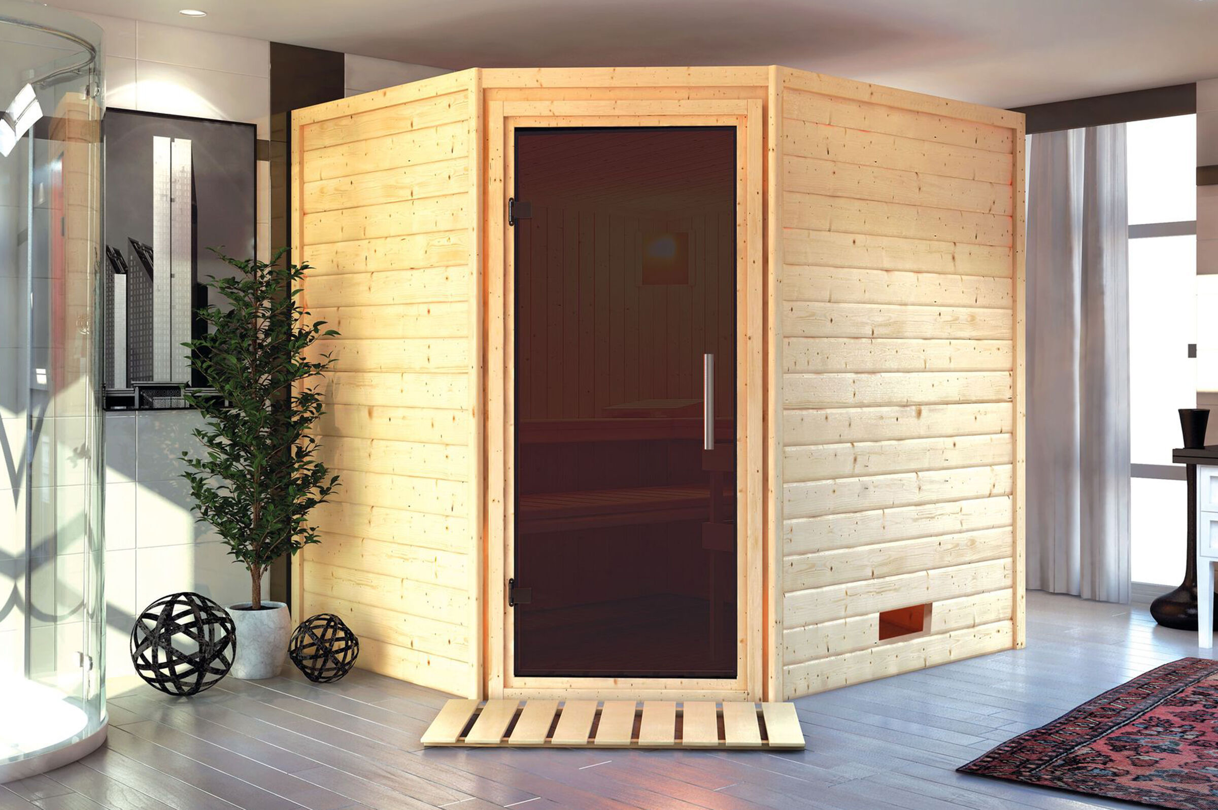 KARIBU Sauna Mia, Fichtenholz 38 mm, Eckeinstieg, ca. 2,9m²