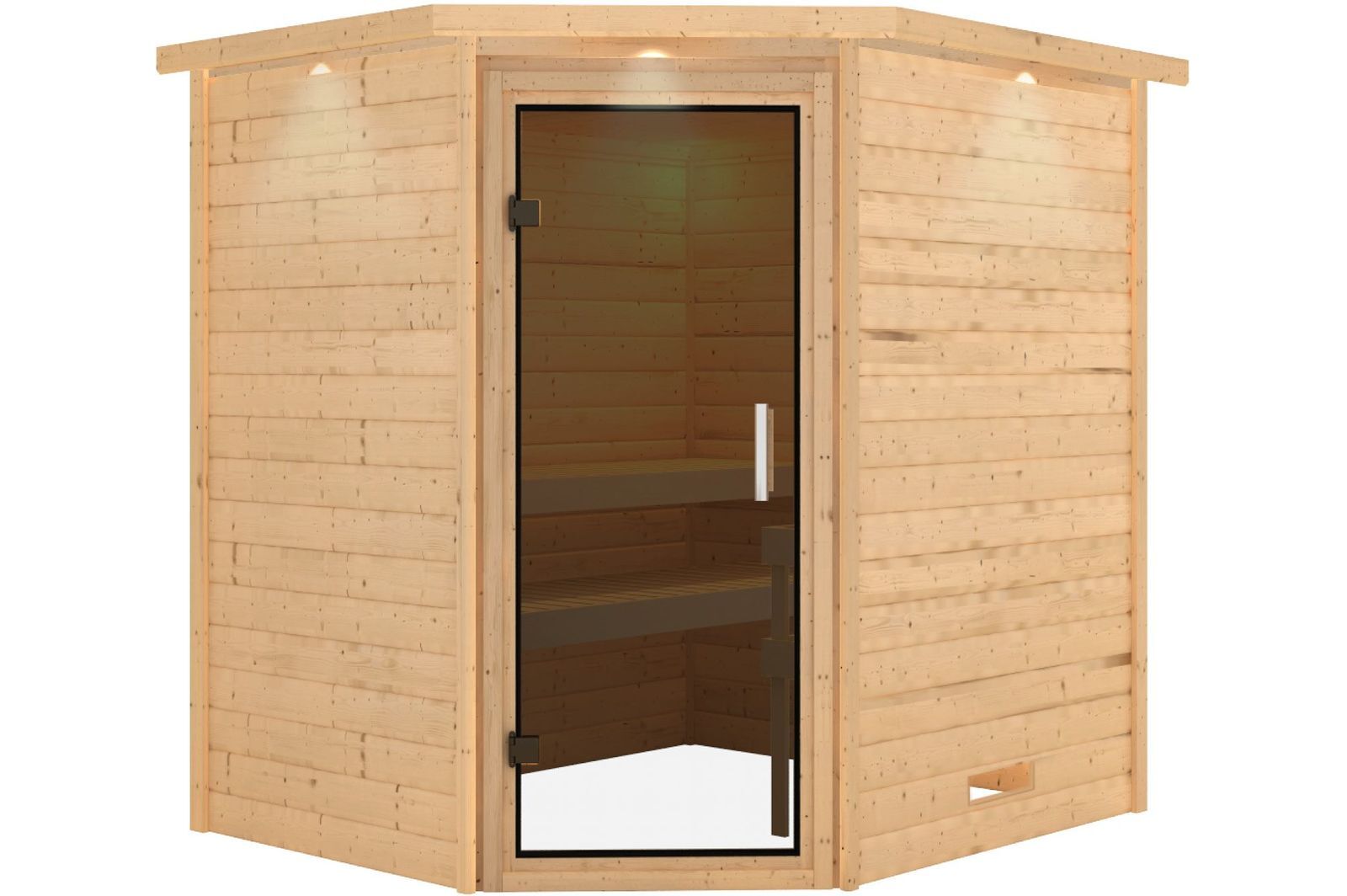 KARIBU Sauna Mia, Fichtenholz 38 mm, Eckeinstieg, ca. 2,9m²