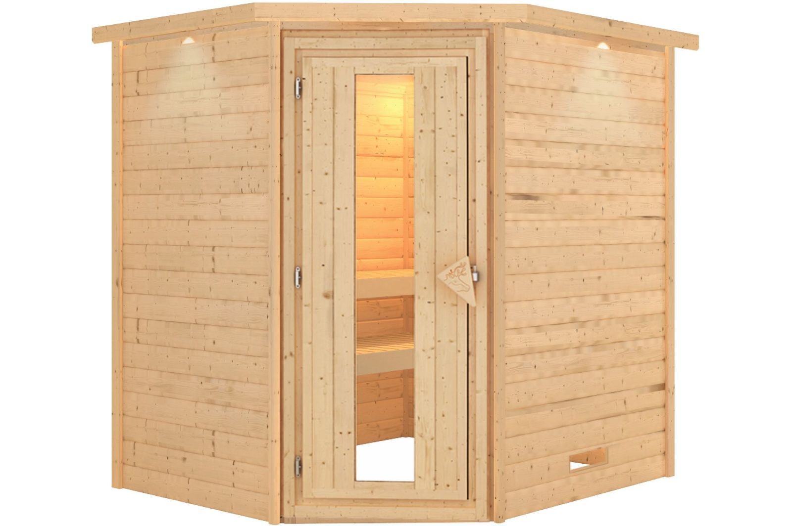 KARIBU Sauna Mia, Fichtenholz 38 mm, Eckeinstieg, ca. 2,9m²