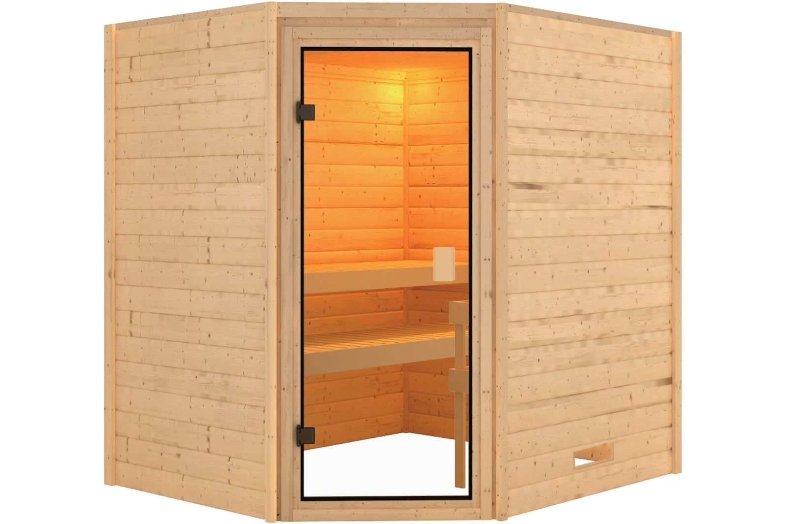 KARIBU Sauna Mia, Fichtenholz 38 mm, Eckeinstieg, ca. 2,9m²