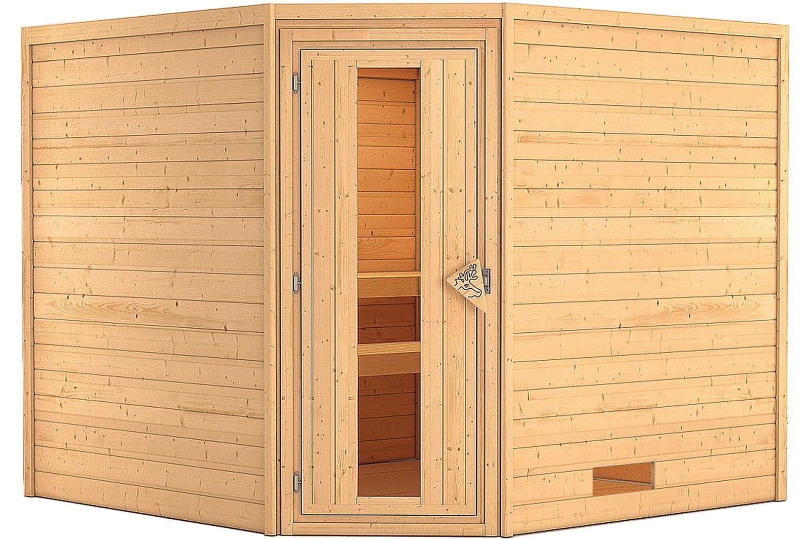 KARIBU Sauna Leona, Fichtenholz 38 mm, Eckeinstieg, ca. 5m²